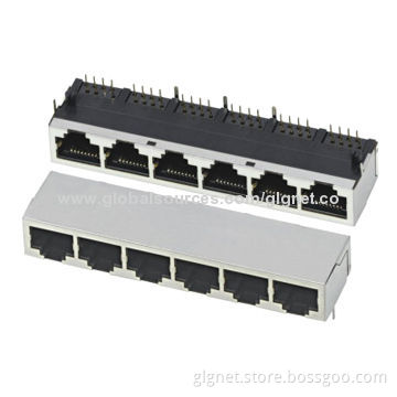 1*6-port RJ45 Connectors with or Without Shielding, R/A Type, Tab Down, RoHS Mark